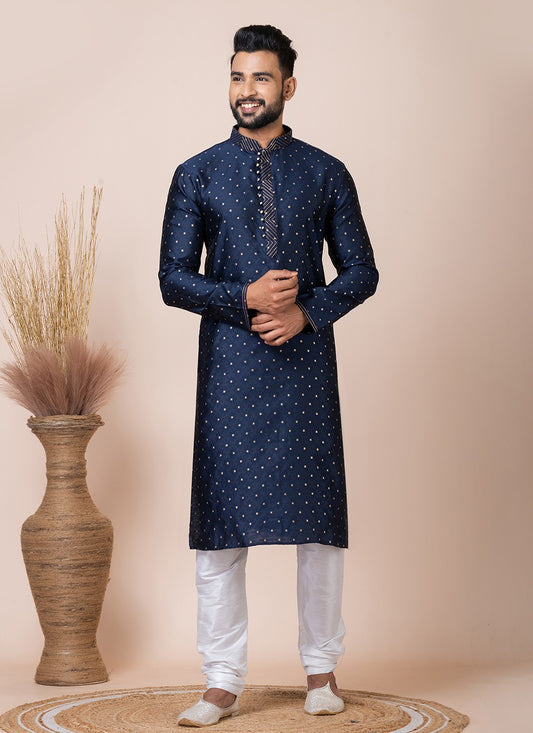 Printed Jacquard Silk Navy Blue Kurta Pyjama - M8548