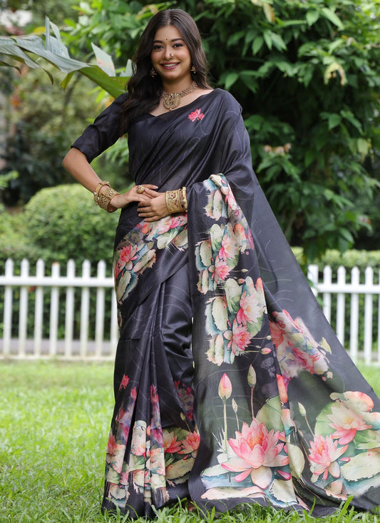 Trendy Printed Tussar Silk Navy Blue Saree - S10815