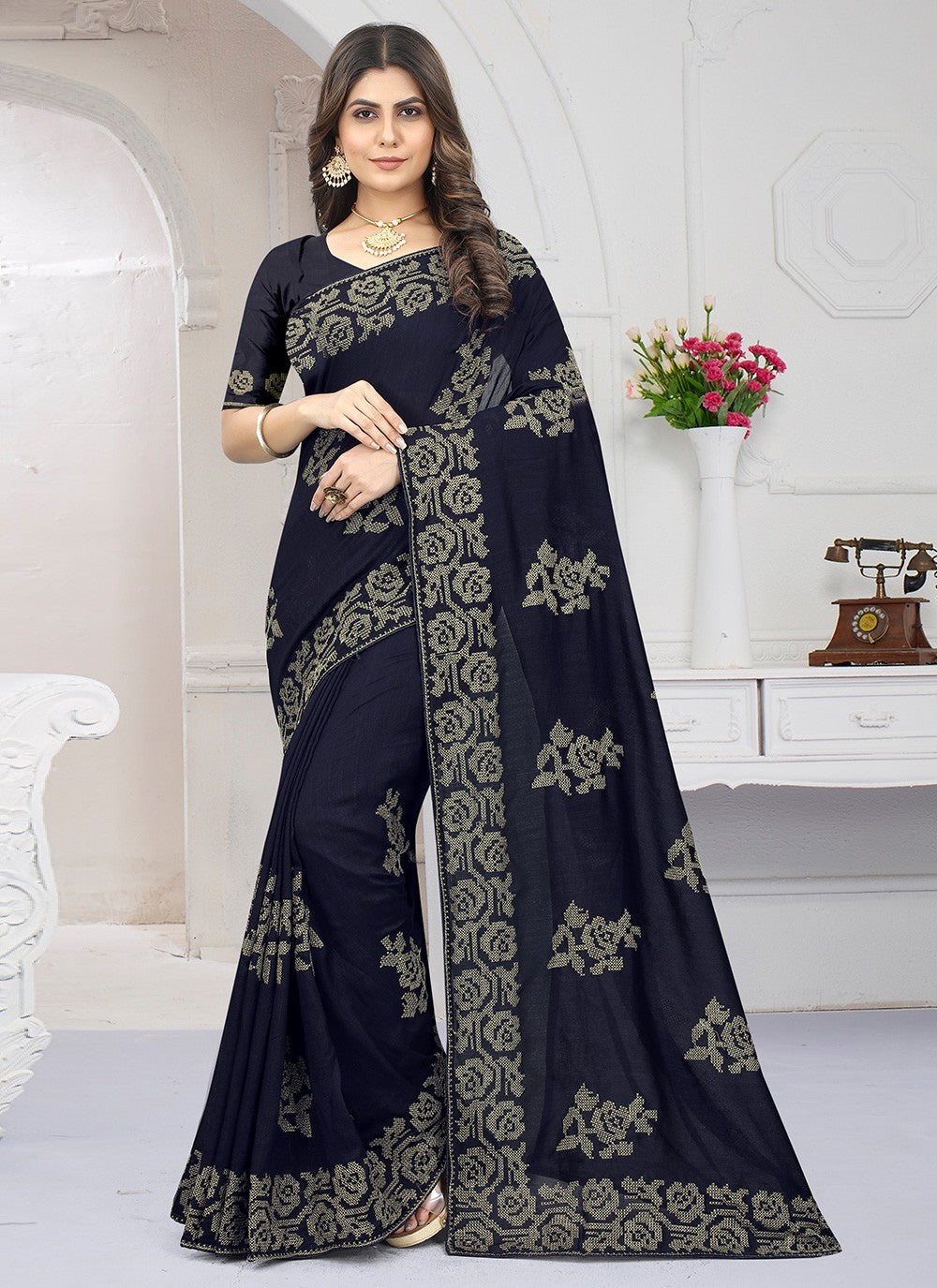 Contemporary Embroidered Vichitra Silk Saree - S2757