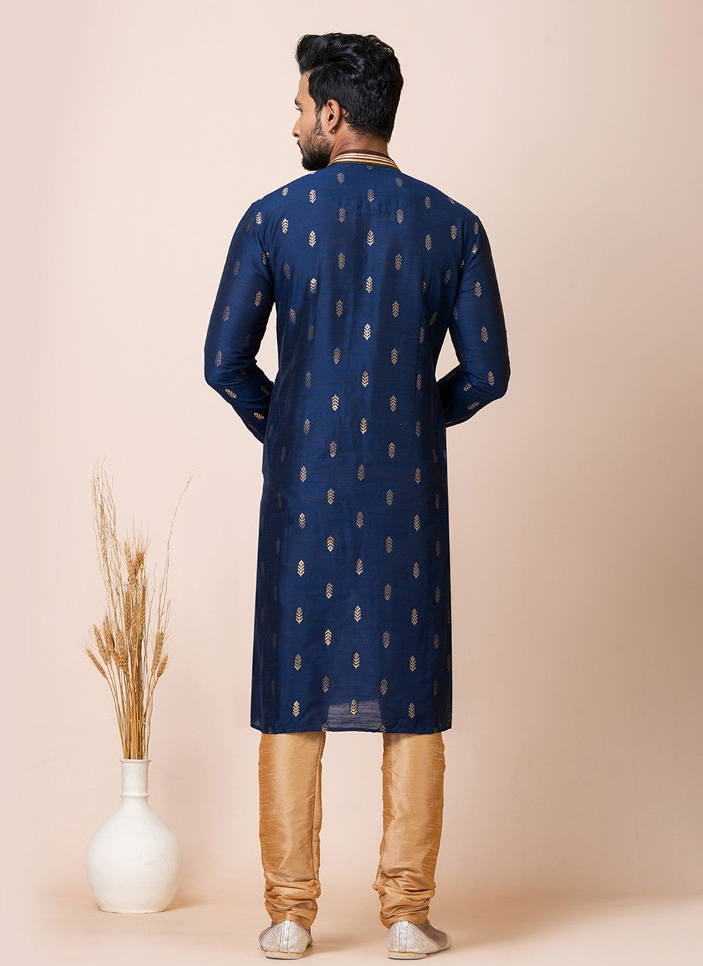 Jacquard Work Cotton Navy Blue Kurta Pyjama - M7512