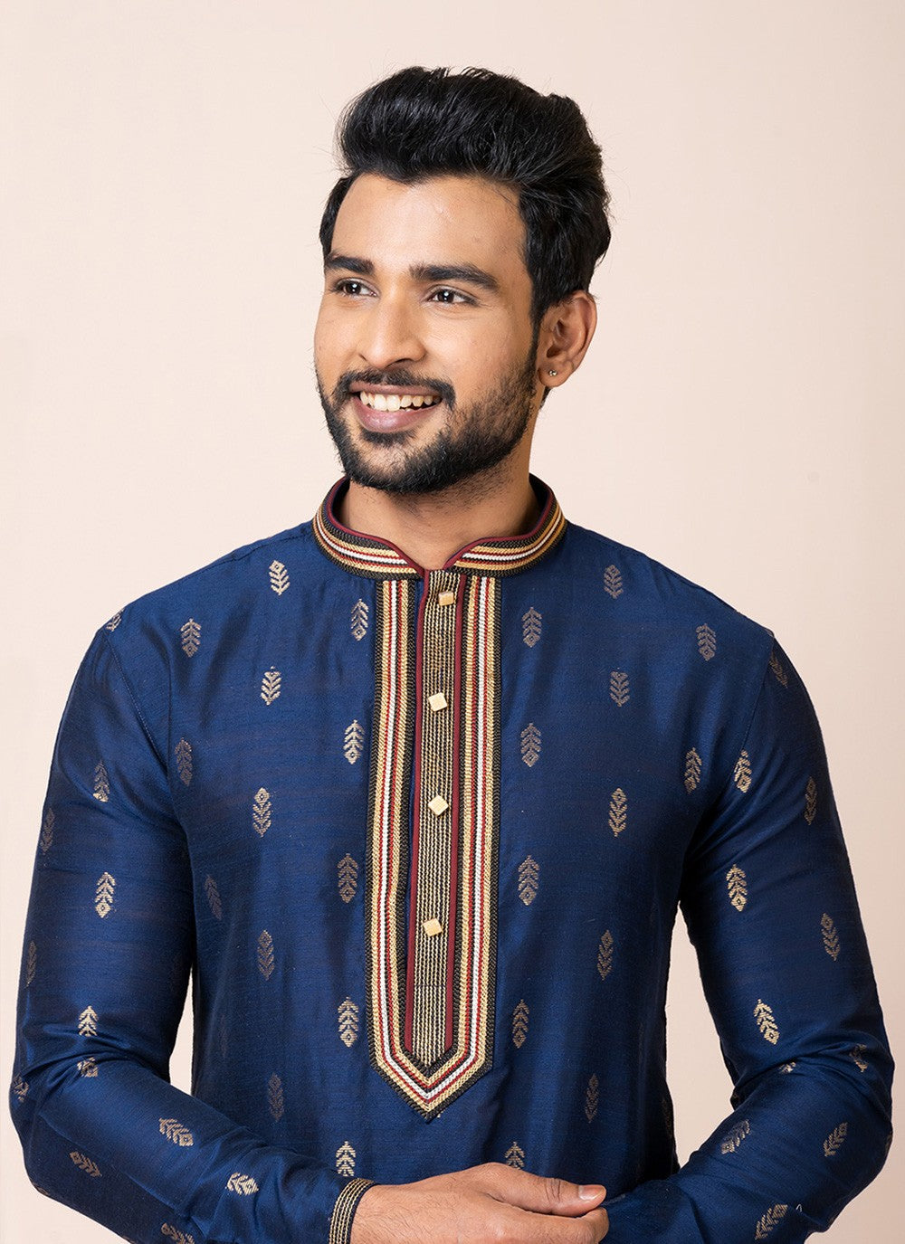 Jacquard Work Cotton Navy Blue Kurta Pyjama - M7512