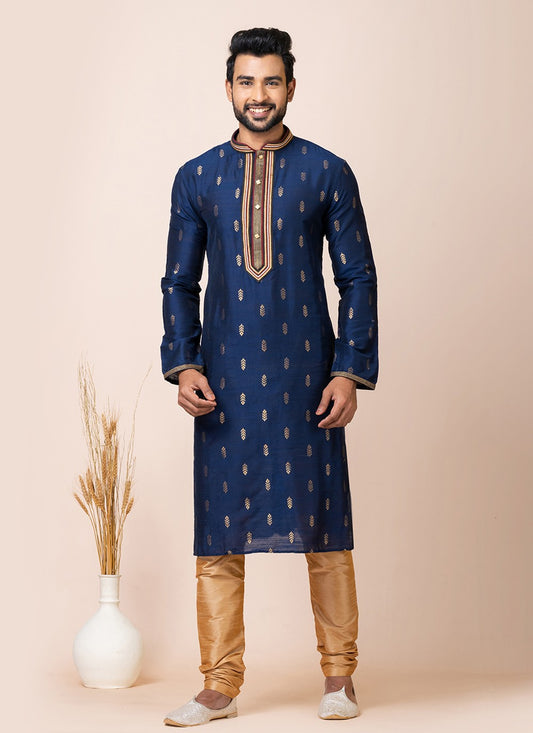 Jacquard Work Cotton Navy Blue Kurta Pyjama - M7512