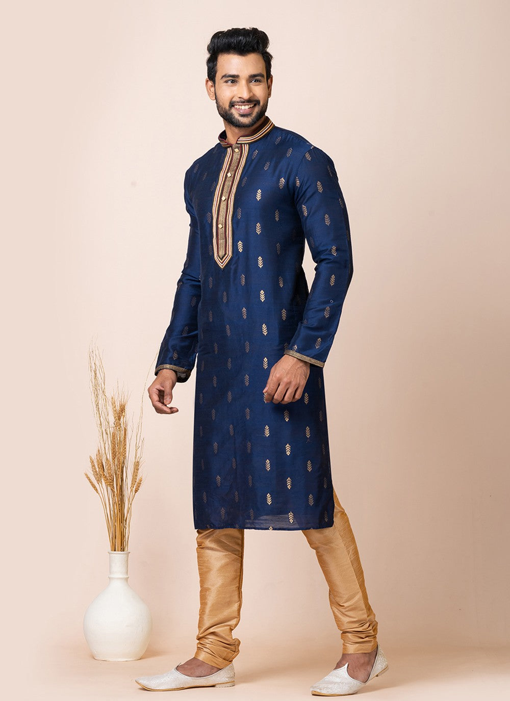 Jacquard Work Cotton Navy Blue Kurta Pyjama - M7512