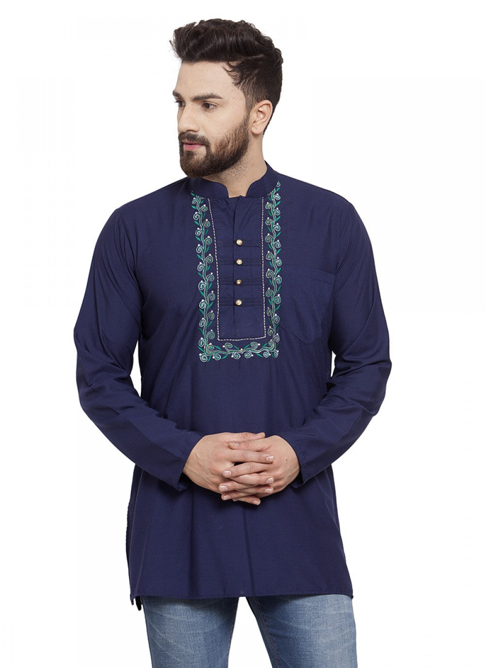 Embroidered Cotton Navy Blue Kurta - M1249