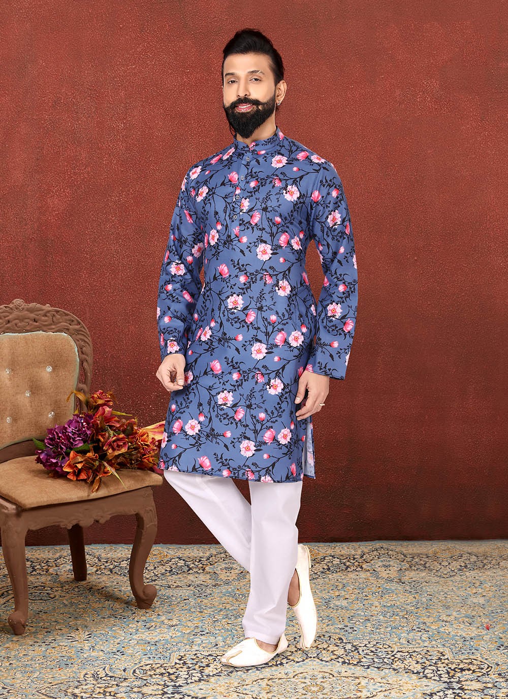 Digital Print Cotton Navy Blue Kurta Pyjama - M2581