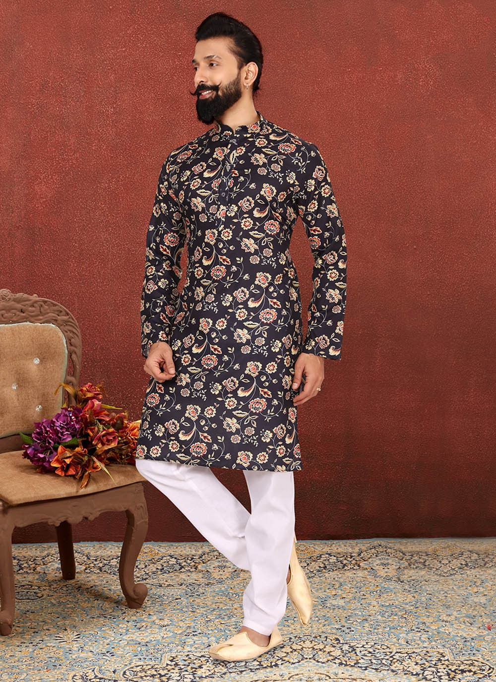 Printed Cotton Navy Blue Kurta Pyjama - M2612