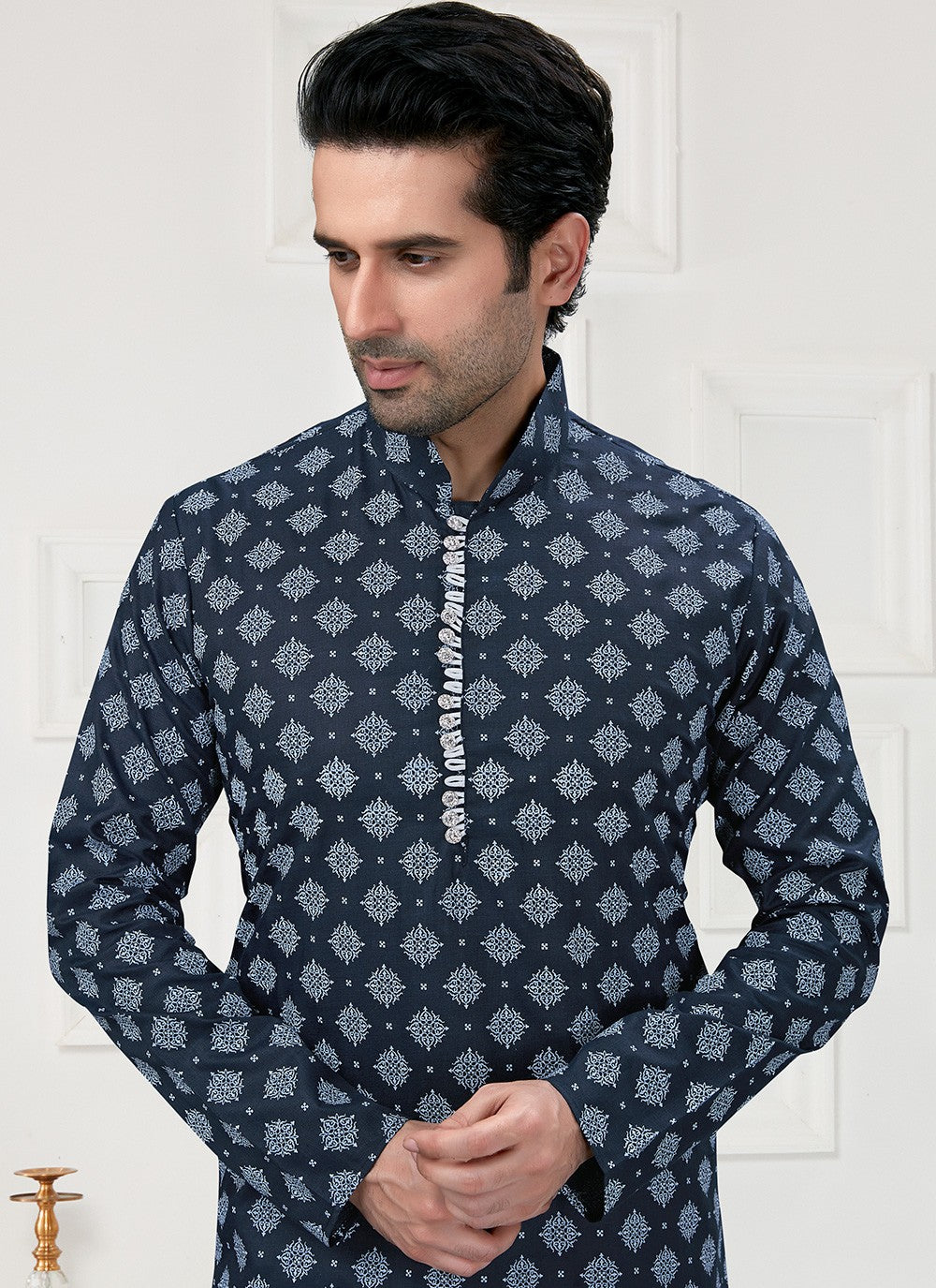 Printed Cotton Navy Blue Kurta Pyjama - M3157