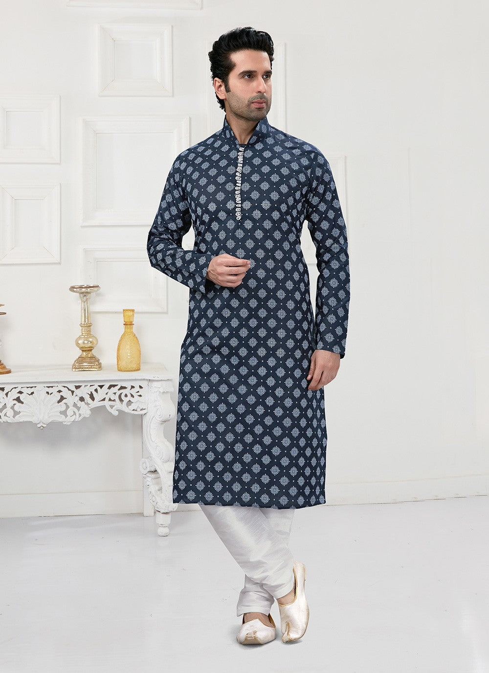 Printed Cotton Navy Blue Kurta Pyjama - M3157