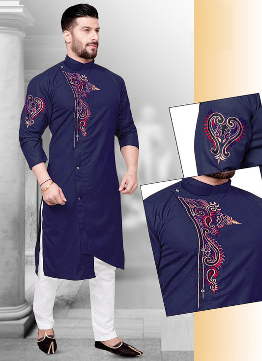 Resham Cotton Navy Blue Kurta Pyjama - M2218