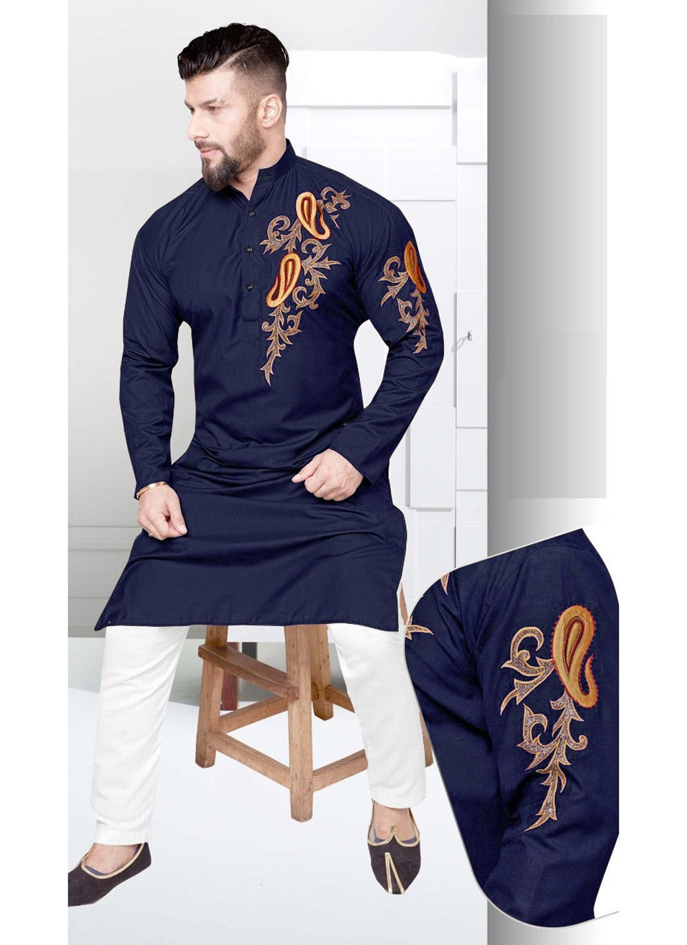 Resham Cotton Navy Blue Kurta Pyjama - M2217