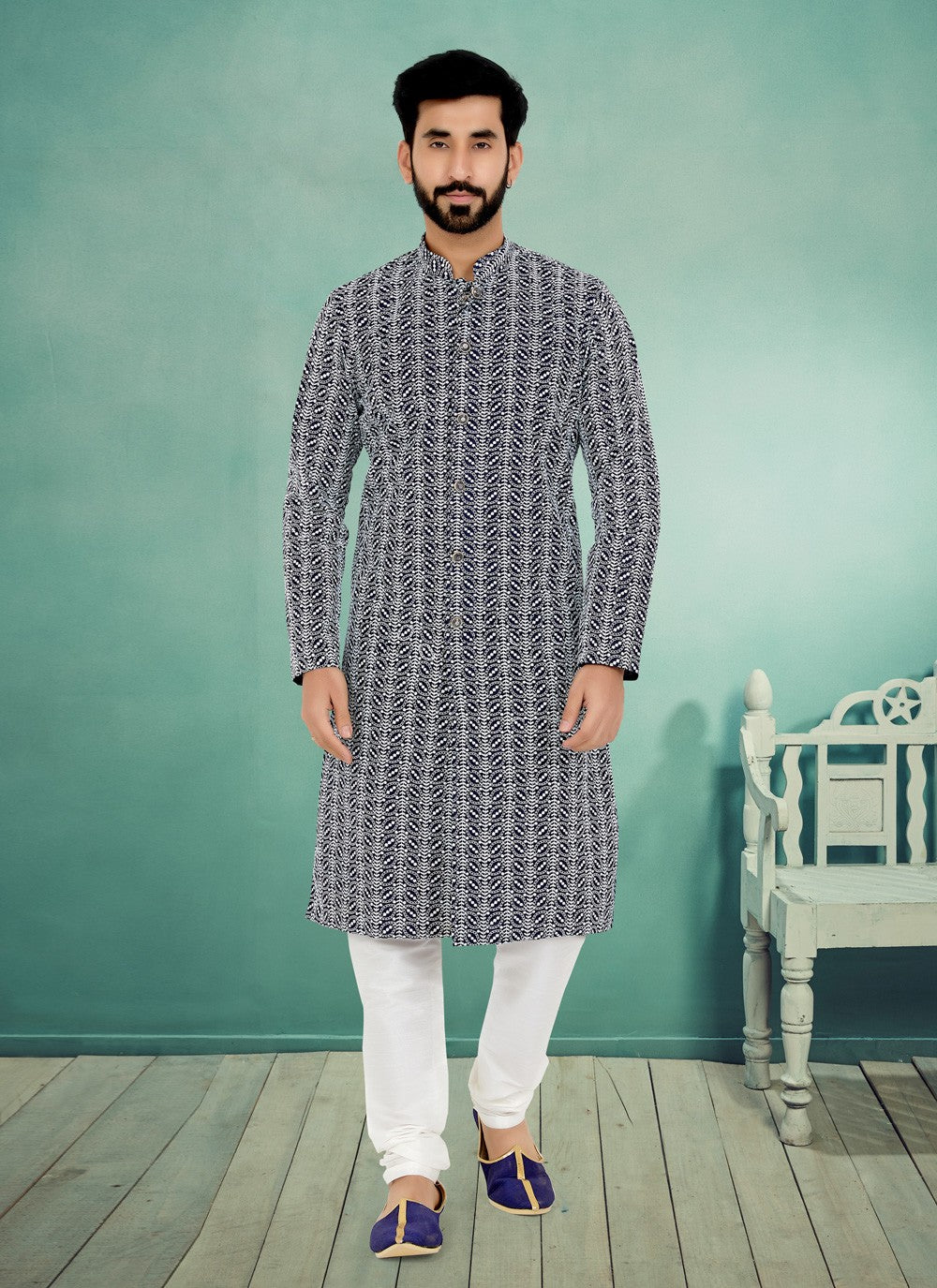 Embroidered Cotton Silk Navy Blue Kurta Pyjama - M4992