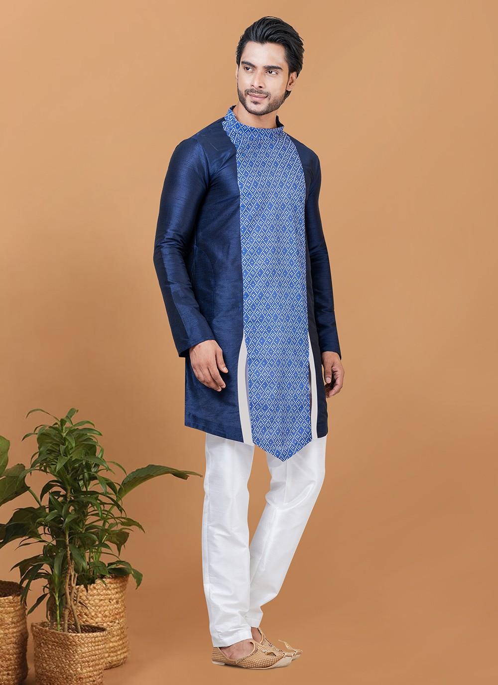 Digital Print Banarasi Silk, Cotton Navy Blue Kurta Pyjama - M5966