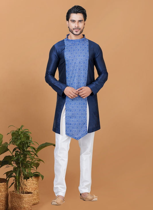 Digital Print Banarasi Silk, Cotton Navy Blue Kurta Pyjama - M5966