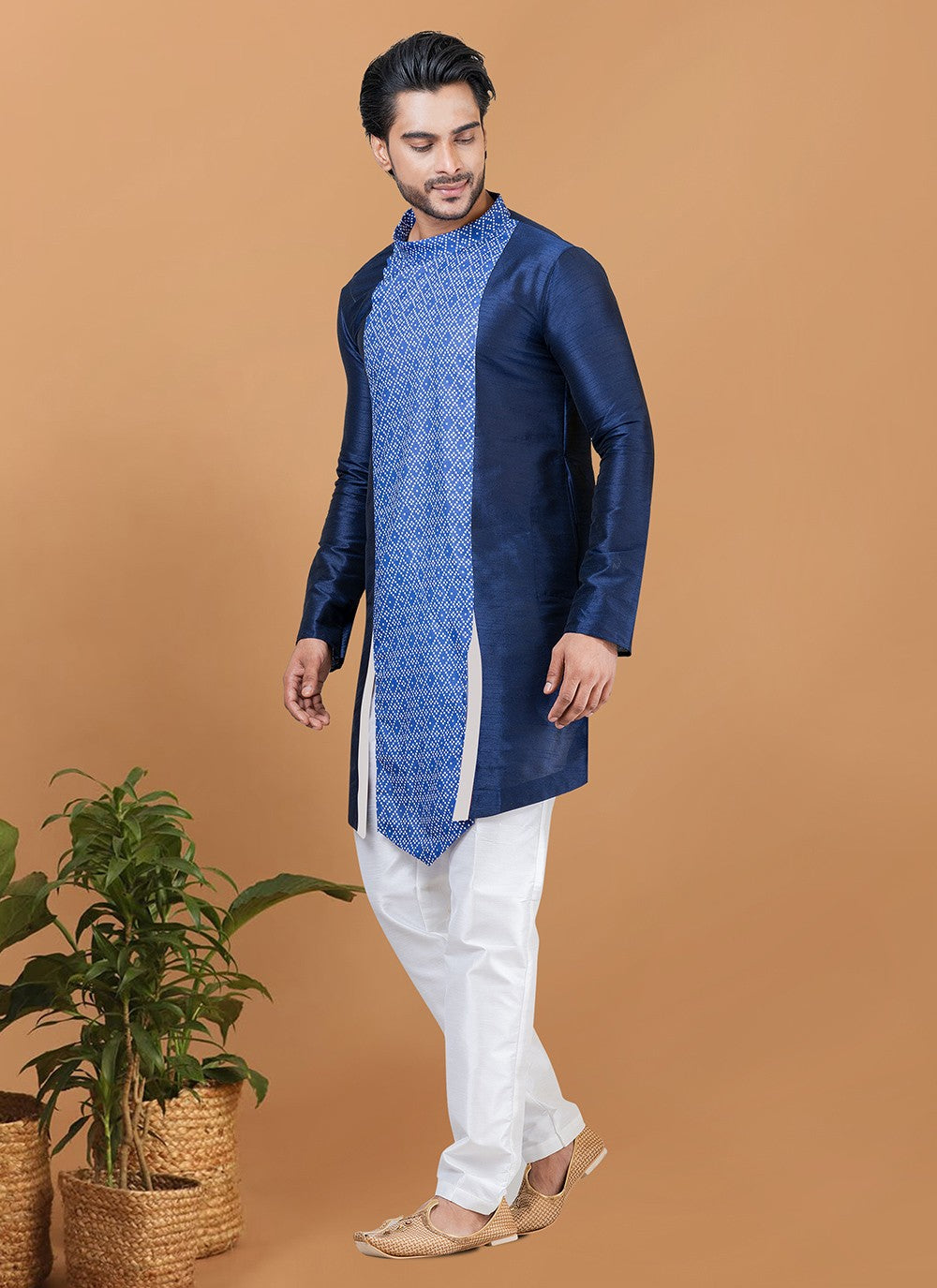 Digital Print Banarasi Silk, Cotton Navy Blue Kurta Pyjama - M5966