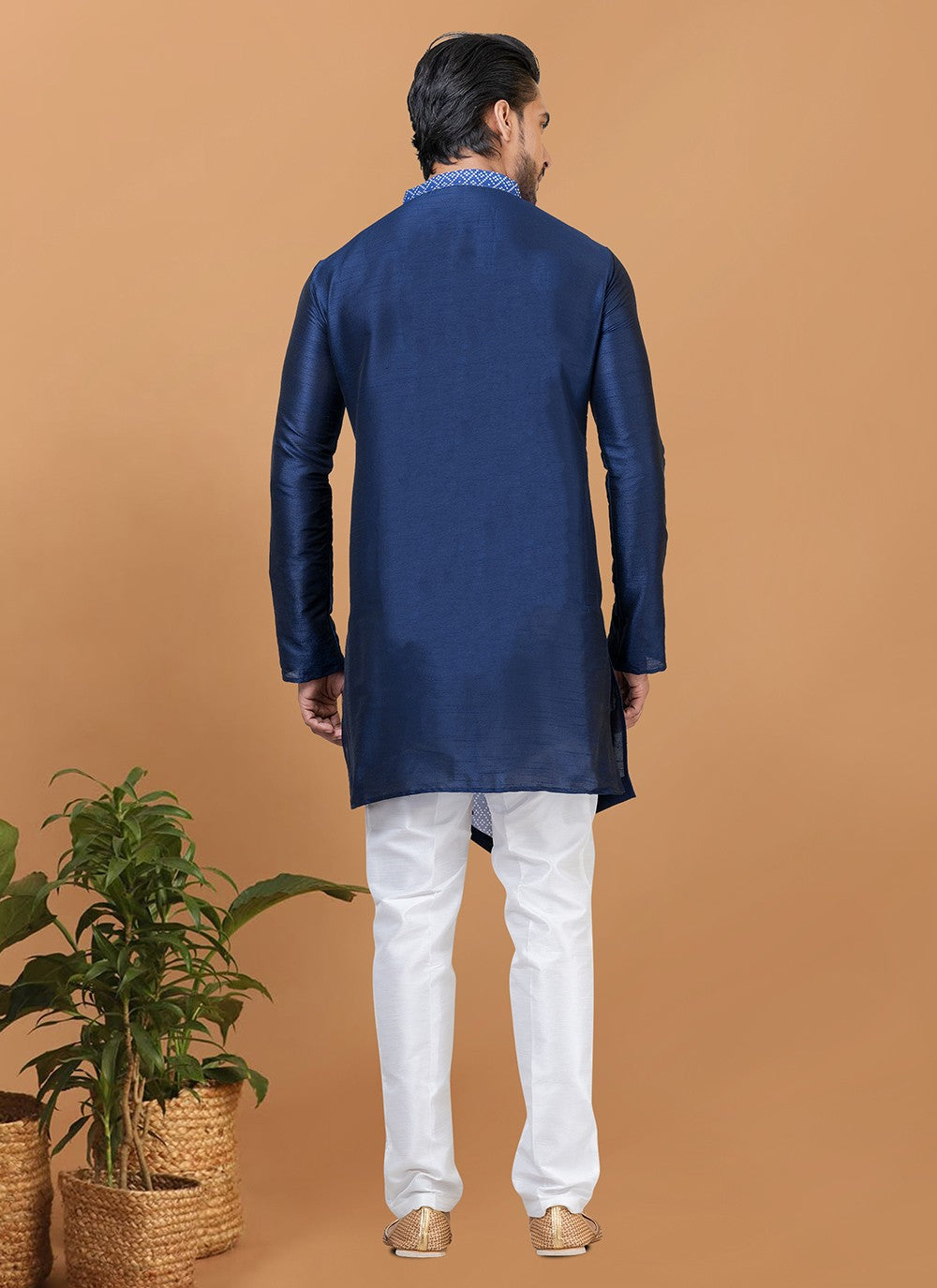 Digital Print Banarasi Silk, Cotton Navy Blue Kurta Pyjama - M5966