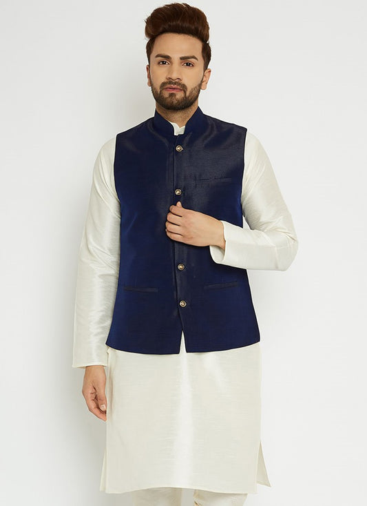 Buttons Dupion Silk Navy Blue Nehru Jackets - M3223