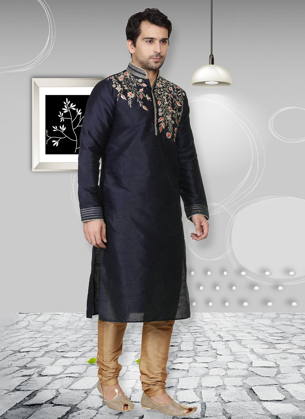 Embroidered Dupion Silk Navy Blue Kurta Pyjama - M6560