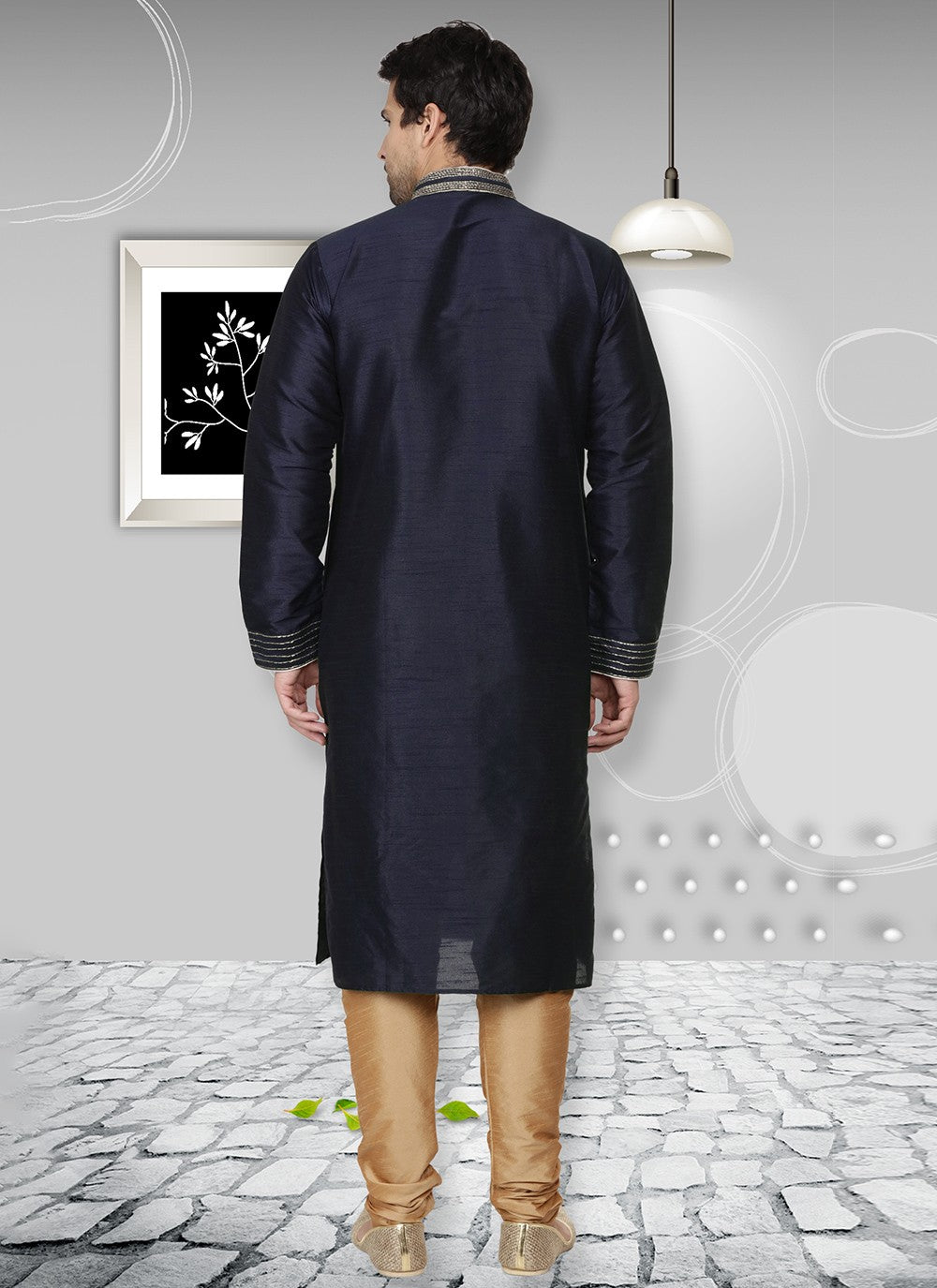 Embroidered Dupion Silk Navy Blue Kurta Pyjama - M6560