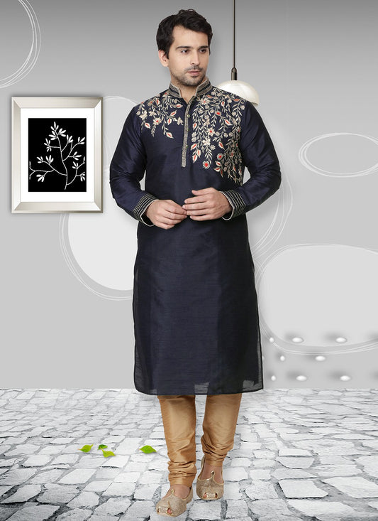 Embroidered Dupion Silk Navy Blue Kurta Pyjama - M6560