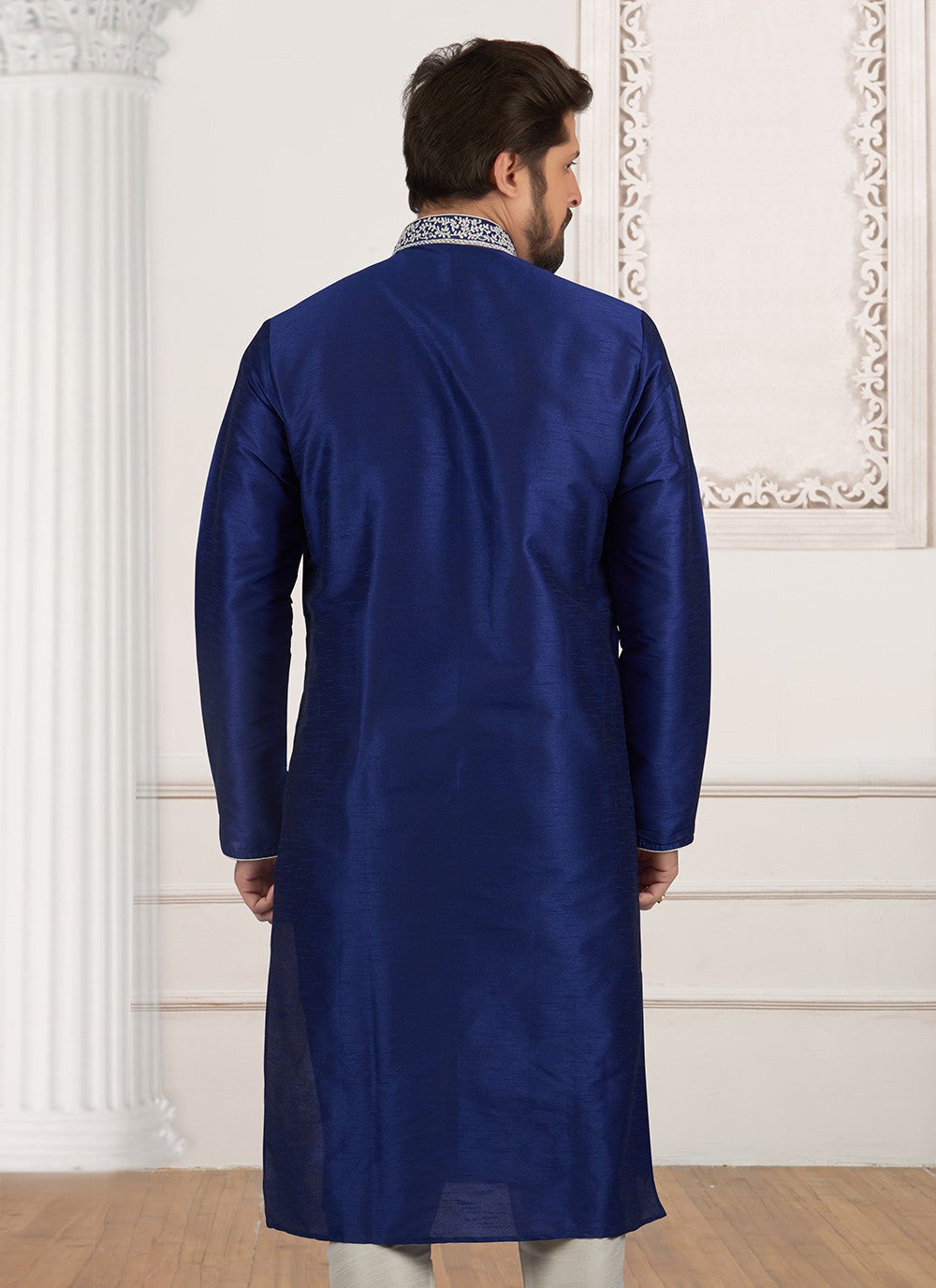 Embroidered Dupion Silk Navy Blue Kurta Pyjama - M6548