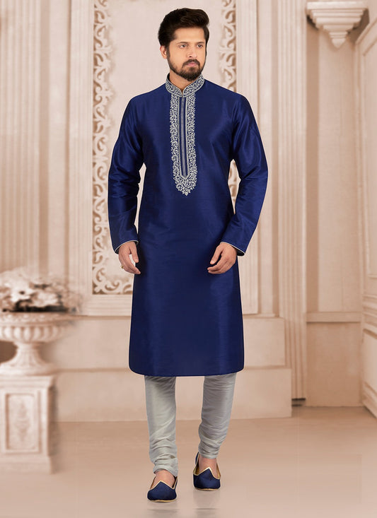 Embroidered Dupion Silk Navy Blue Kurta Pyjama - M6548