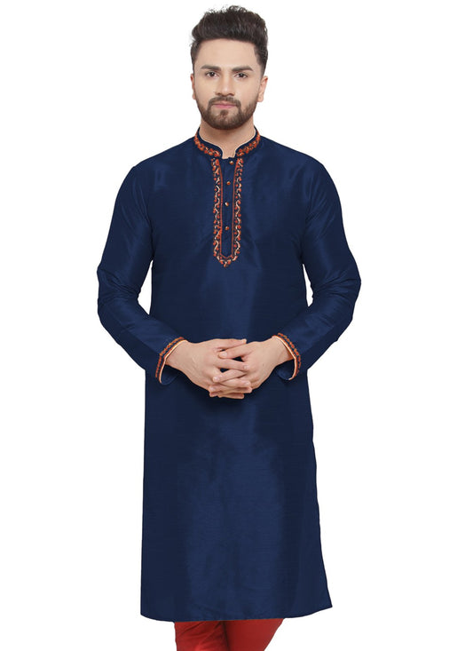 Embroidered Dupion Silk Navy Blue Kurta - M7323