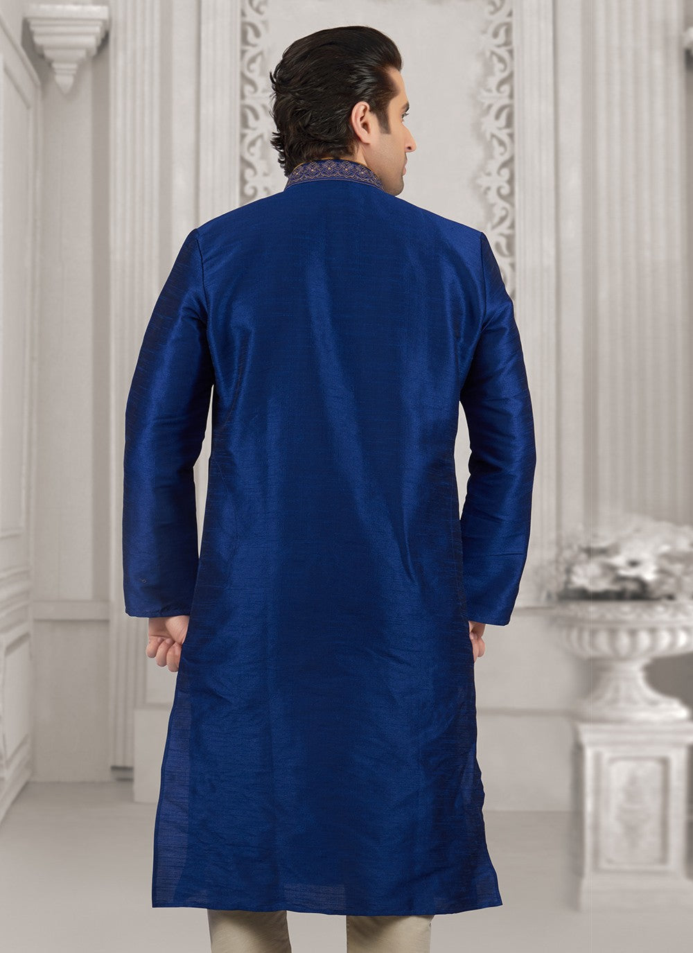 Embroidered Dupion Silk Navy Blue Kurta Pyjama - M6556