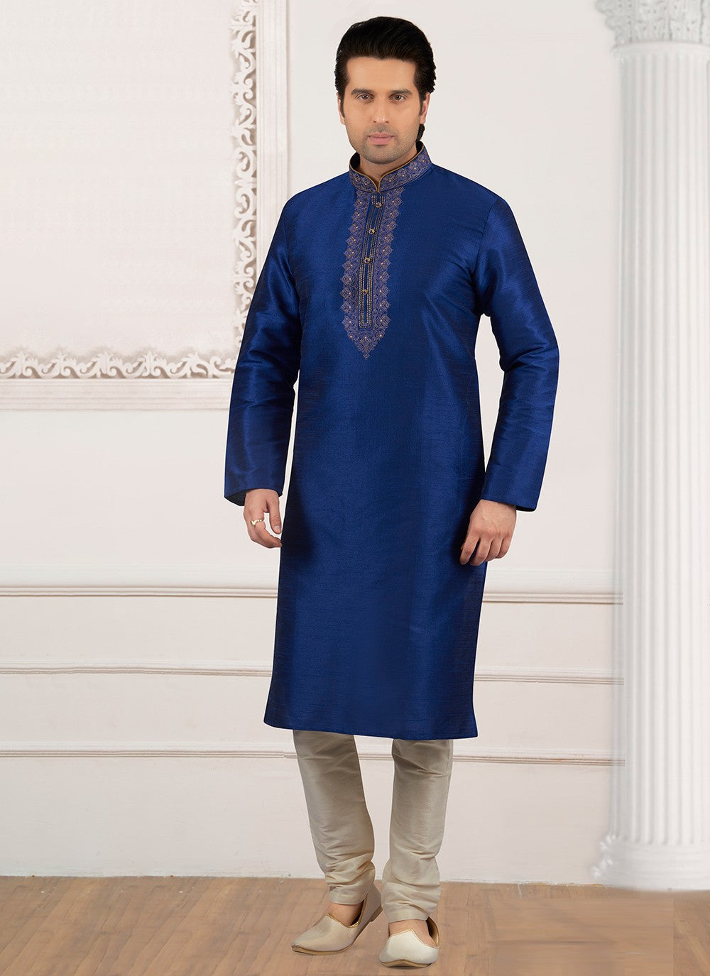 Embroidered Dupion Silk Navy Blue Kurta Pyjama - M6556