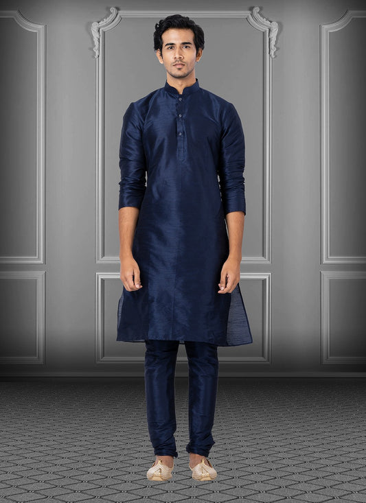 Plain Dupion Silk Navy Blue Kurta Pyjama - M3671