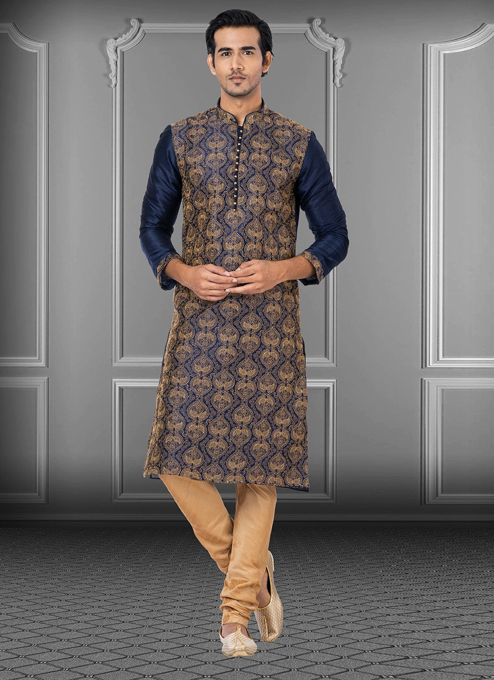 Embroidered Dupion Silk Navy Blue Kurta Pyjama - M3700