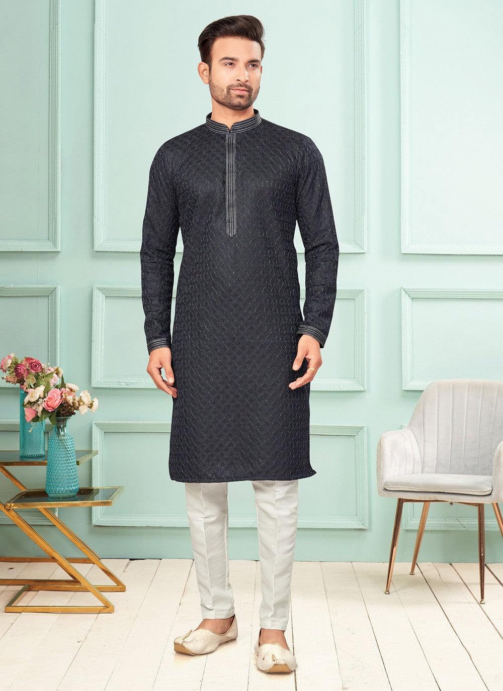 Embroidered Jacquard Navy Blue Kurta Pyjama - M7255