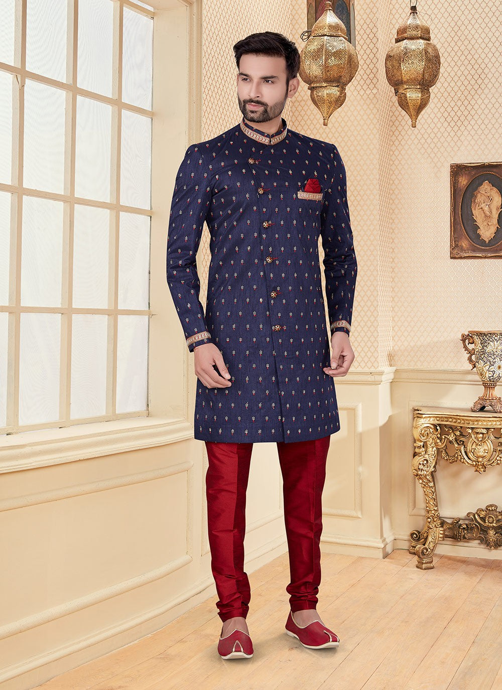 Embroidered Jacquard Navy Blue Indo Western - M2956