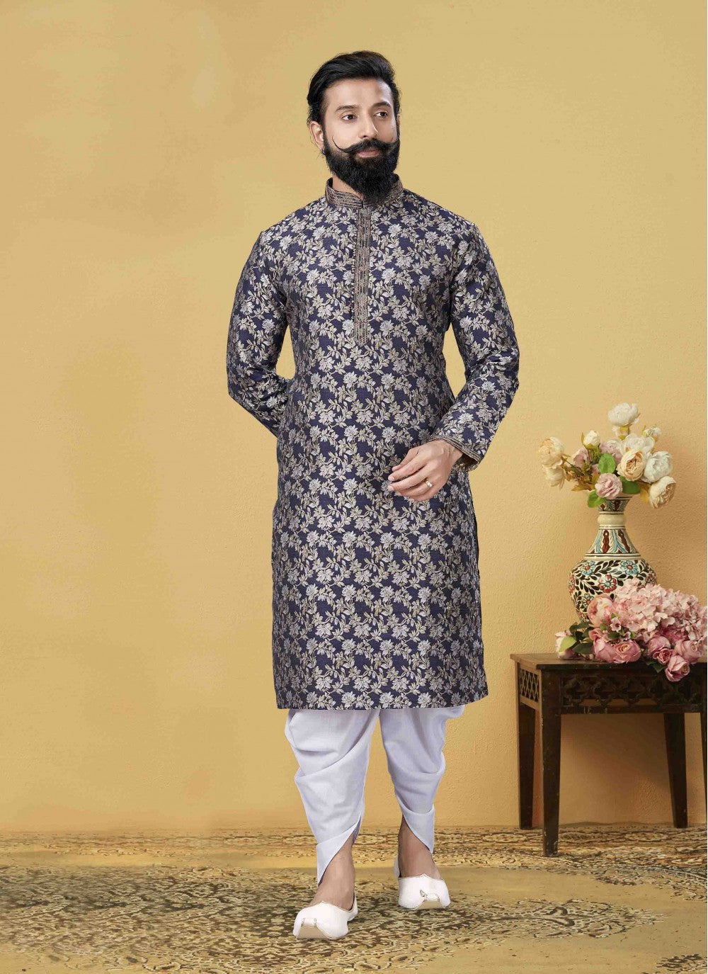 Embroidered Jacquard Silk Navy Blue Kurta Pyjama - M1859