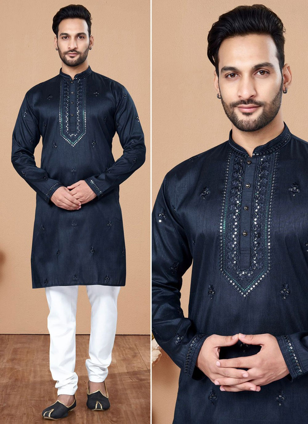 Embroidered Silk Navy Blue Kurta Pyjama - M7173