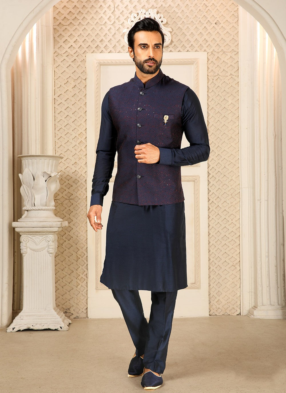 Embroidered Banarasi Silk Navy Blue Kurta Payjama With Jacket - M4257