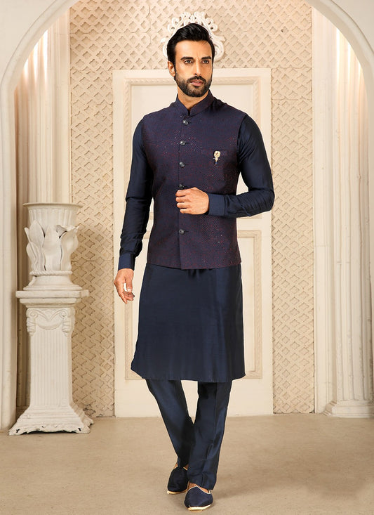 Embroidered Banarasi Silk Navy Blue Kurta Payjama With Jacket - M4257