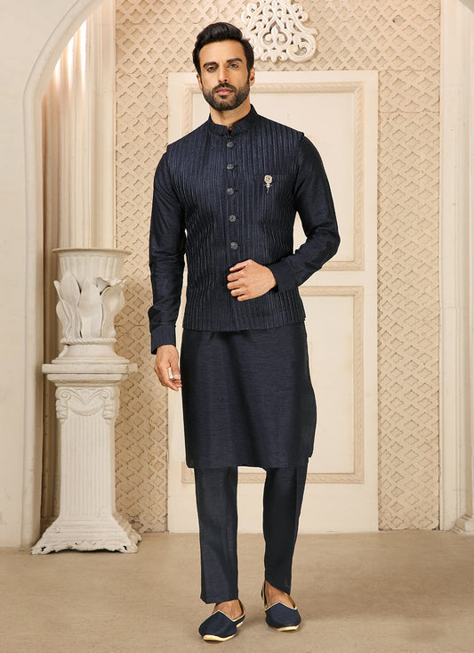 Embroidered Banarasi Silk Navy Blue Kurta Payjama With Jacket - M4262