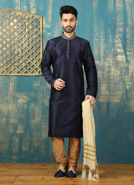 Embroidered Art Dupion Silk Navy Blue Kurta Pyjama - M3290