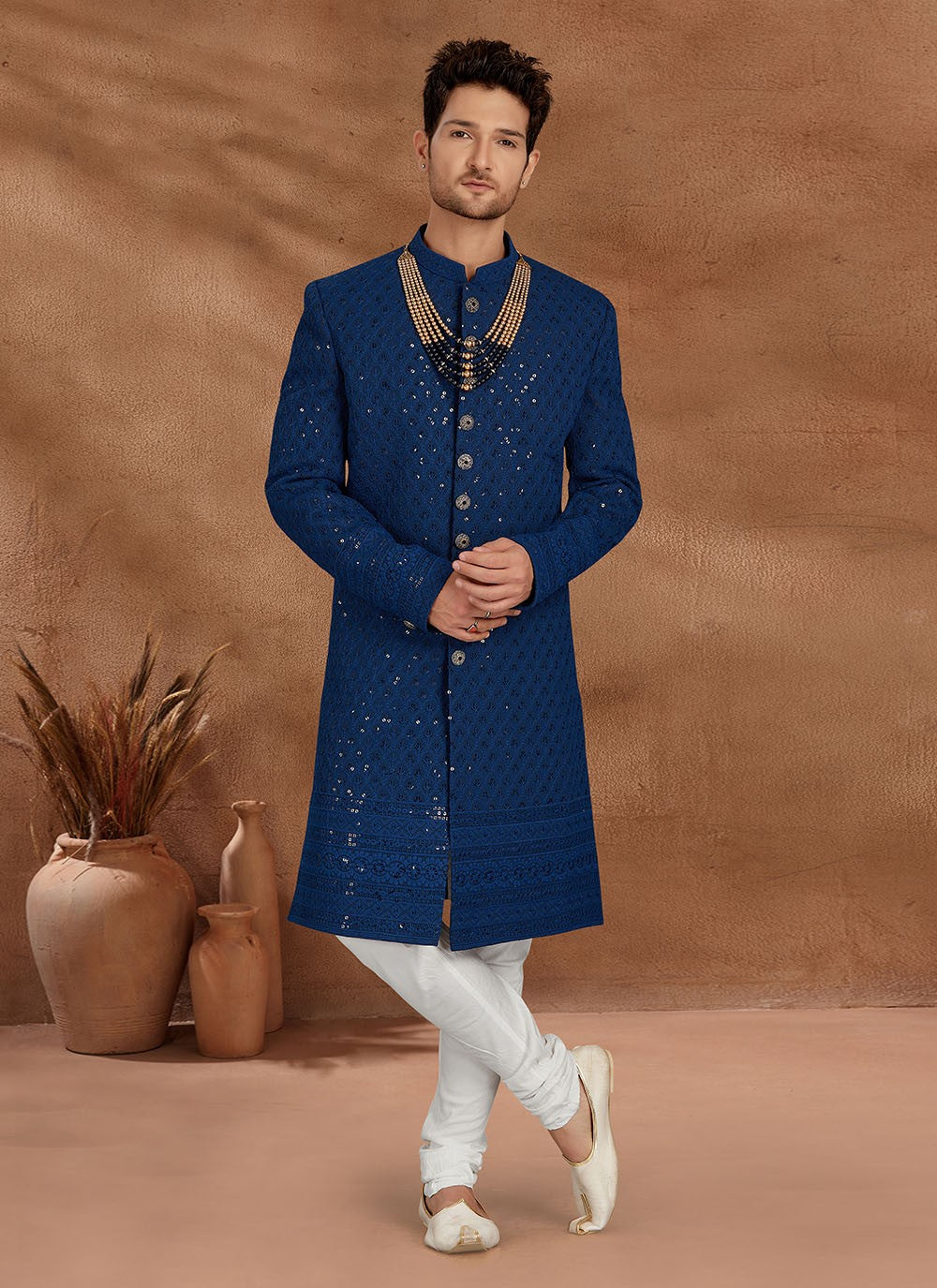 Embroidered Lucknowi Navy Blue Indo Western Sherwani - M2705