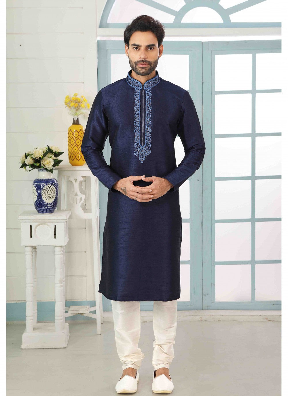 Embroidered Banarasi Silk Navy Blue Kurta Pyjama - M1807