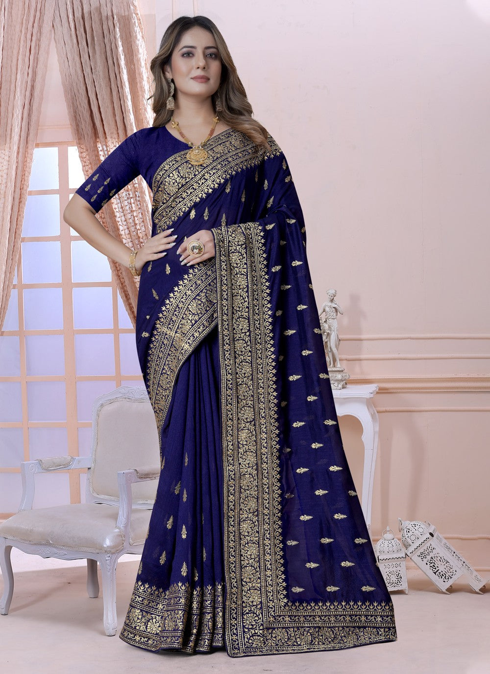 Classic Embroidered Vichitra Silk Saree - S3619