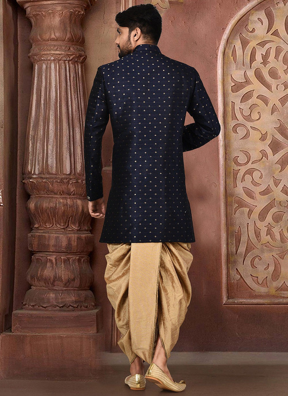 Zari Cotton , Linen Navy Blue Indo Western Sherwani - M2758