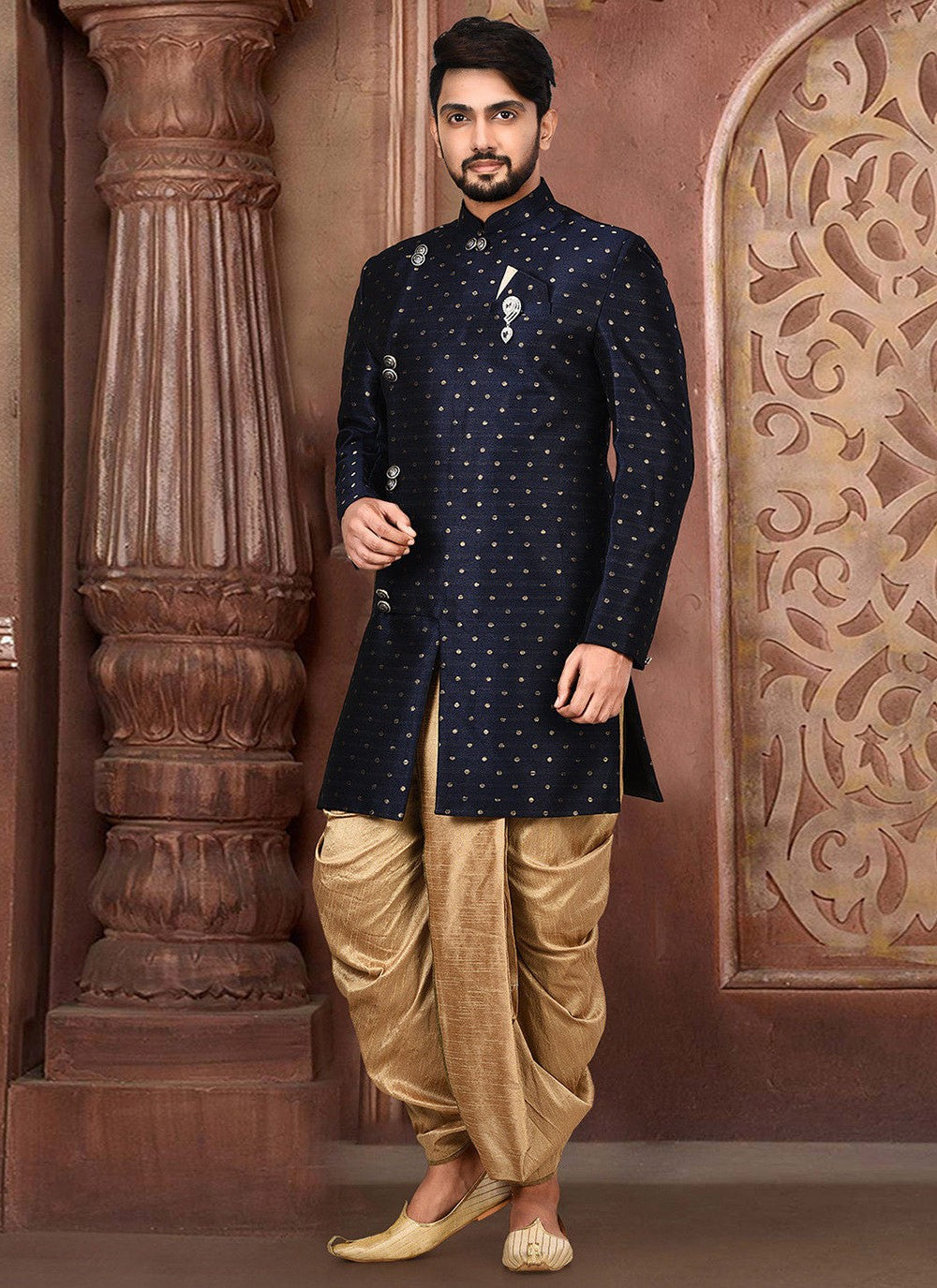 Zari Cotton , Linen Navy Blue Indo Western Sherwani - M2758