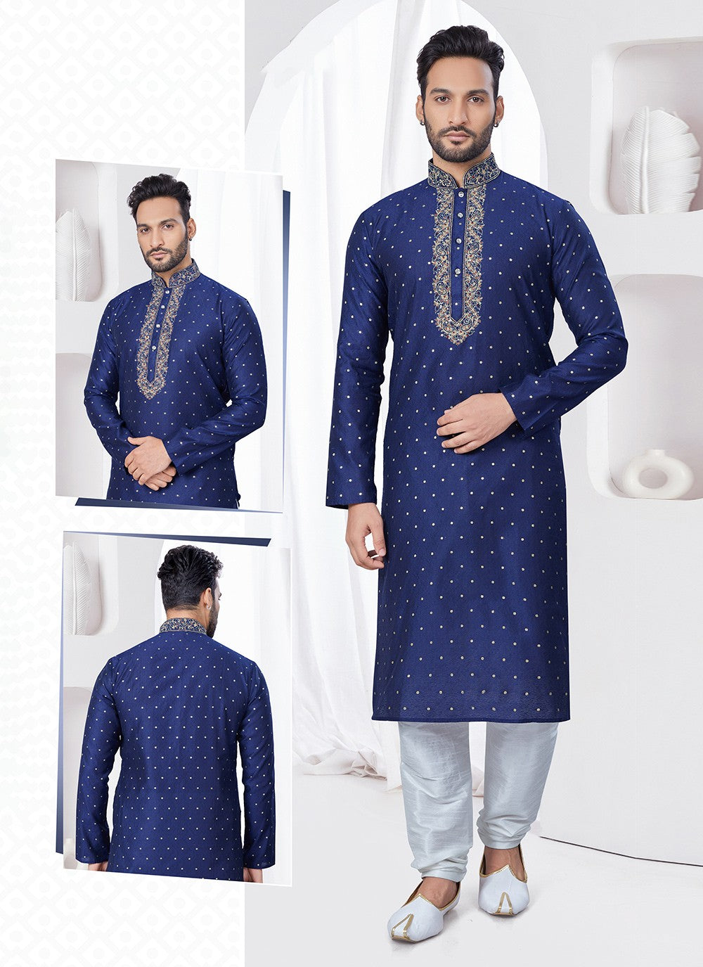 Machine Embroidery Jacquard Navy Blue Kurta Pyjama - M7557