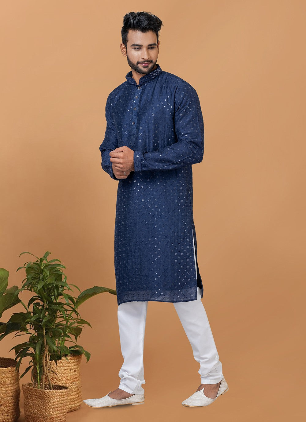 Embroidered Cotton , Viscose Navy Blue Kurta Pyjama - M6357