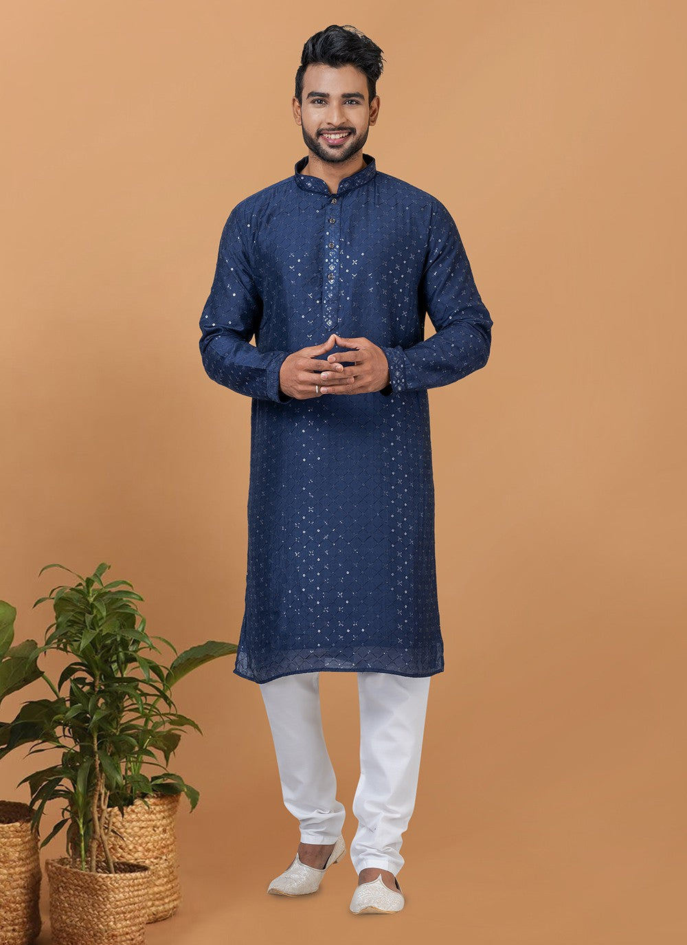 Embroidered Cotton , Viscose Navy Blue Kurta Pyjama - M6357