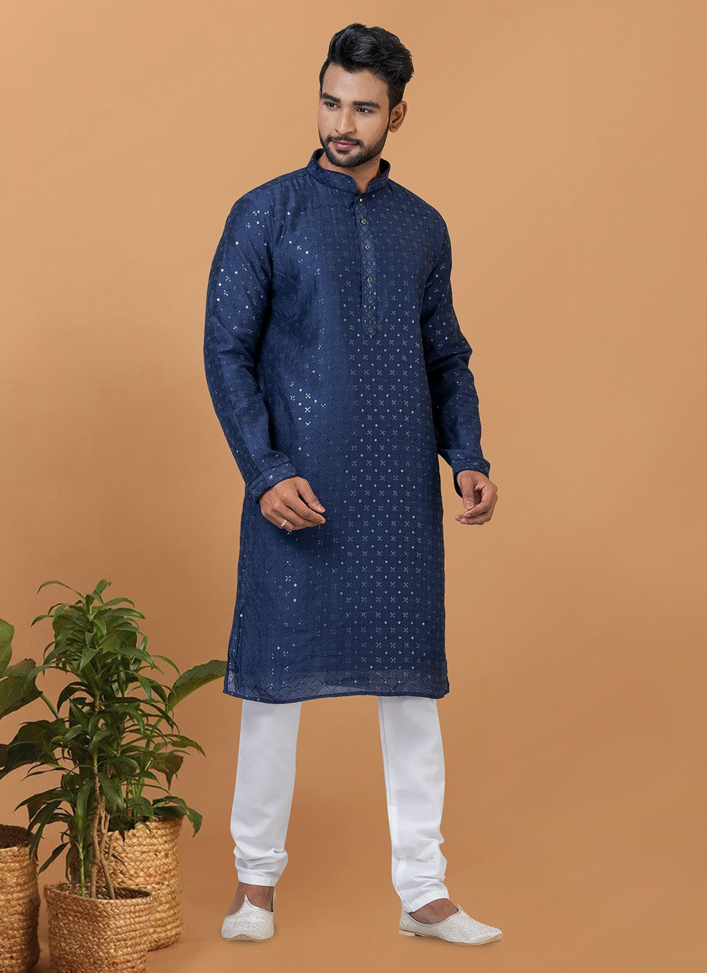 Embroidered Cotton , Viscose Navy Blue Kurta Pyjama - M6357