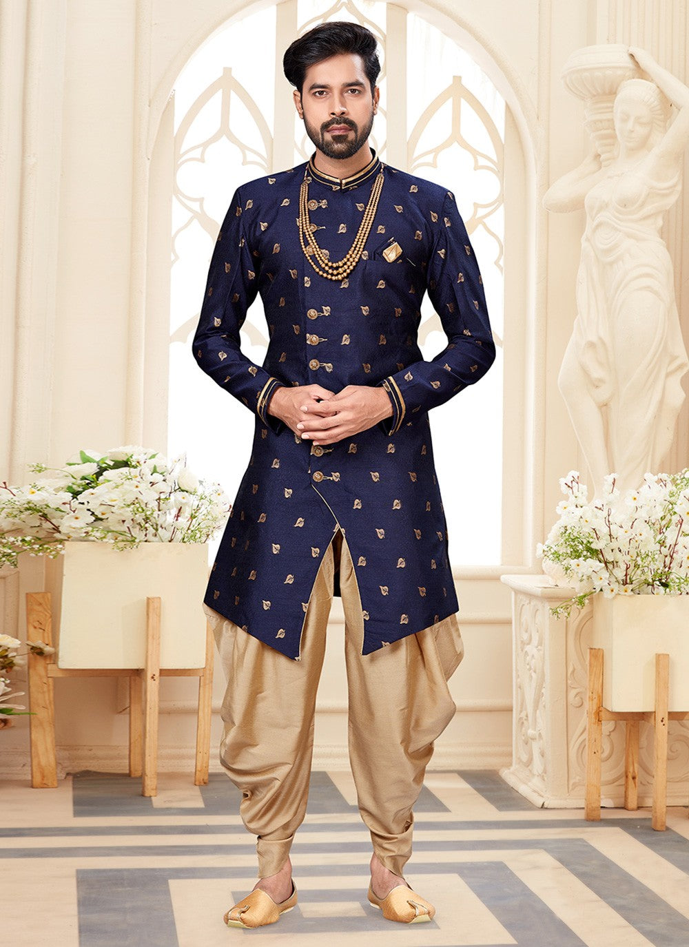 Jacquard Work Fancy Fabric Navy Blue Indo Western Sherwani - M2938