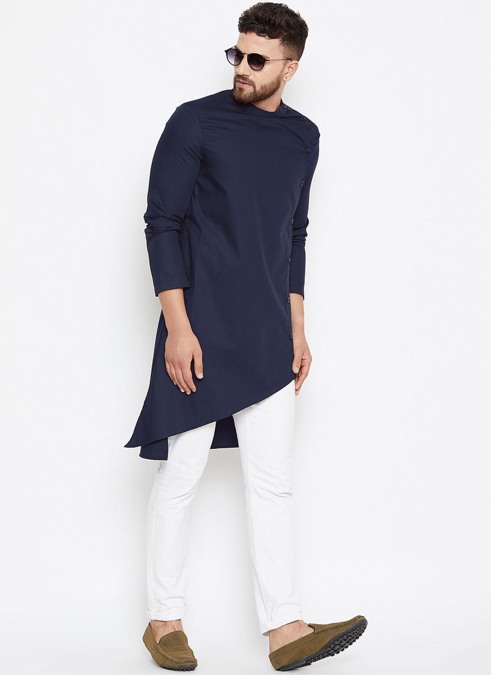 Plain Fancy Fabric Navy Blue Kurta Pyjama - M4494