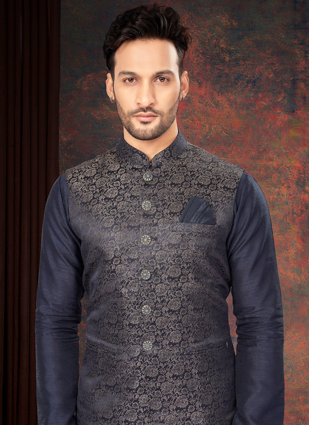 Fancy Work Jacquard Navy Blue Kurta Payjama With Jacket - M7187